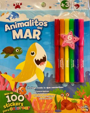 ANIMALITOS DEL MAR - Incluye 12 panoramicas, 6 rotuladores y 5 hojas de pegatinas para colorear