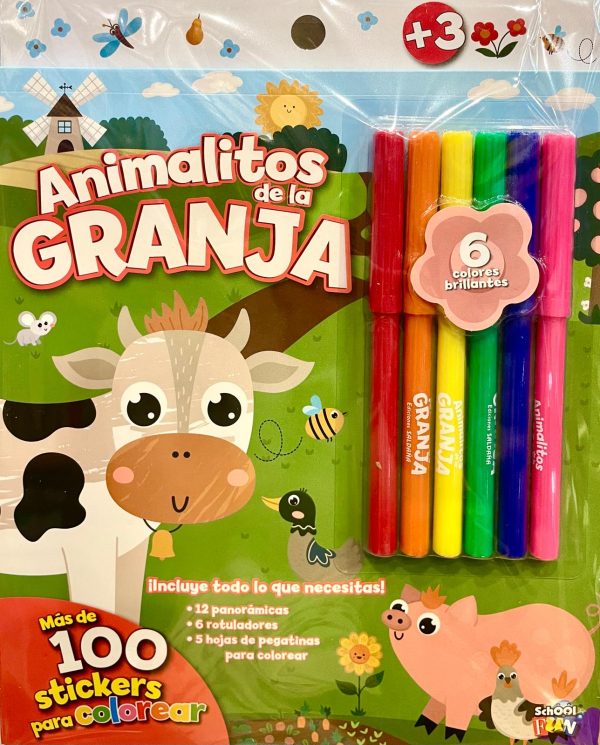 ANIMALITOS DE LA GRANJA - Incluye 12 panoramicas, 6 rotuladores y 5 hojas de pegatinas para colorear